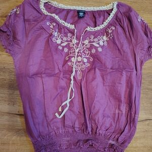 Basic Editions Purple Blouse with Cream Embroidery